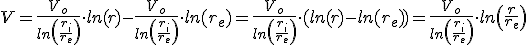 V=\frac{V_o}{ln\left(\frac{r_i}{r_e}\right)}\cdot ln(r)-\frac{V_o}{ln\left(\frac{r_i}{r_e}\right)}\cdot ln(r_e)=\frac{V_o}{ln\left(\frac{r_i}{r_e}\right)}\cdot (ln(r)-ln(r_e))=\frac{V_o}{ln\left(\frac{r_i}{r_e}\right)}\cdot ln\left(\frac{r}{r_e}\right)