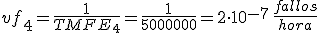 vf_4=\frac{1}{TMFE_4}=\frac{1}{5000000}=2\cdot 10^{-7}\,\frac{fallos}{hora}